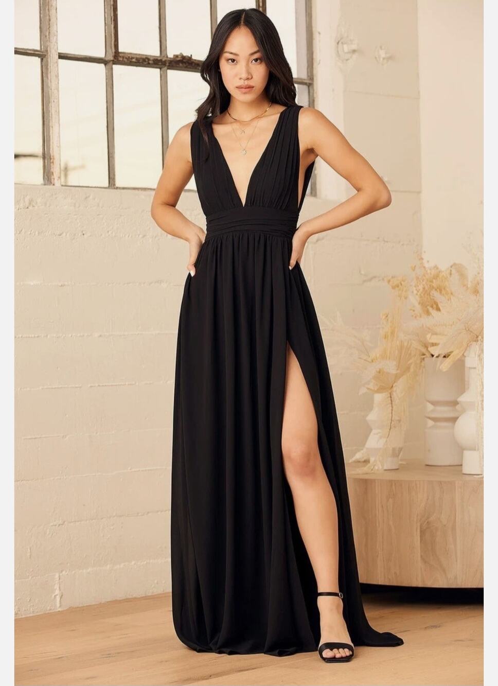Lulus Black Chiffon Plunge V-Neck Maxi Dress M NWT Strapless Formal Gown